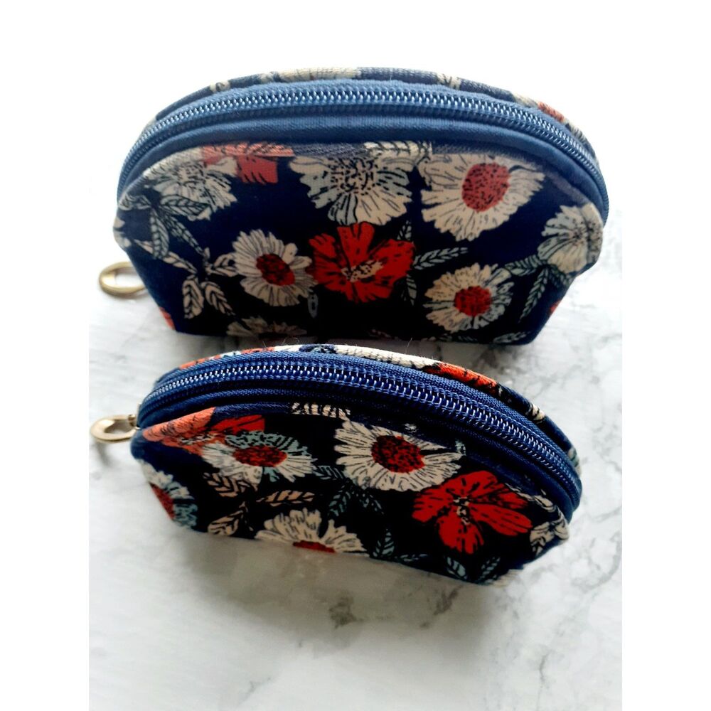 Coin Change Purse Wallet Set of 2 Different Sizes Navy Red White Floral Design